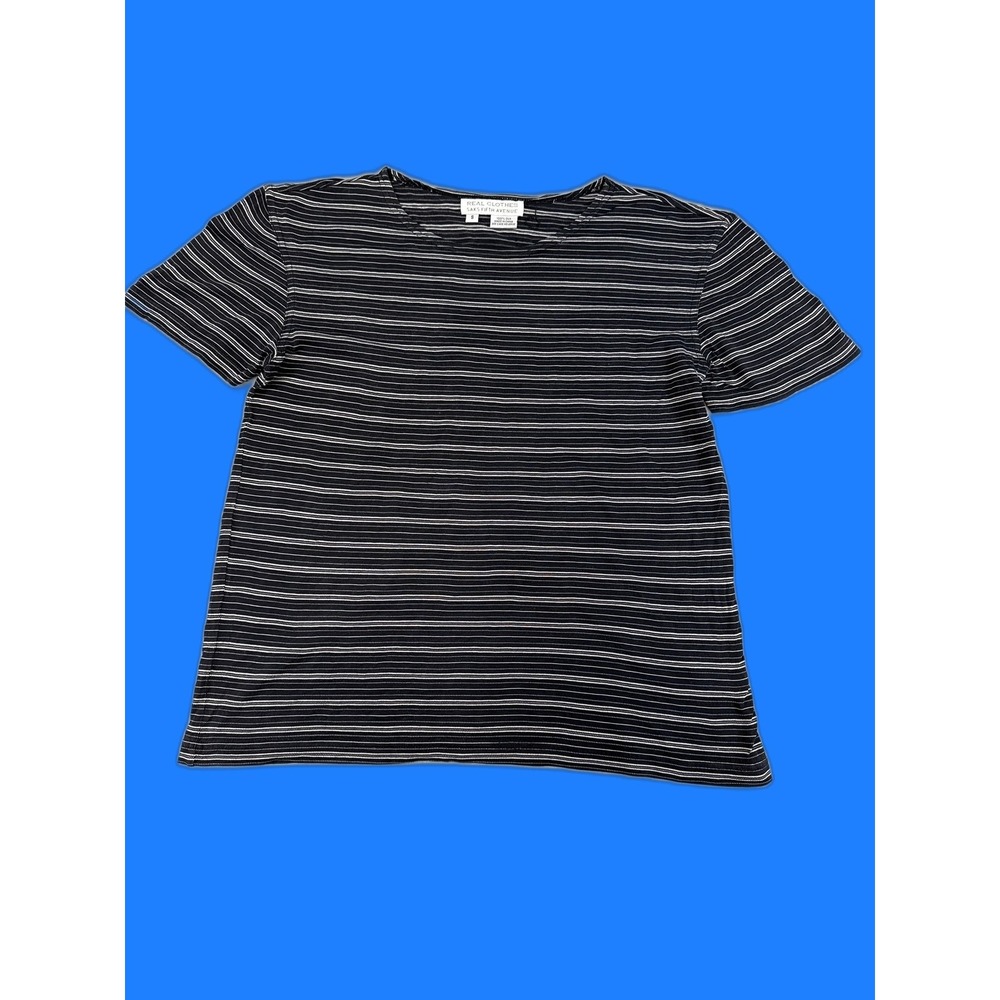 REAL CLOTHES Saks Fifth Tee S Black 100% SILK Striped Crewneck Short Sleeve Men